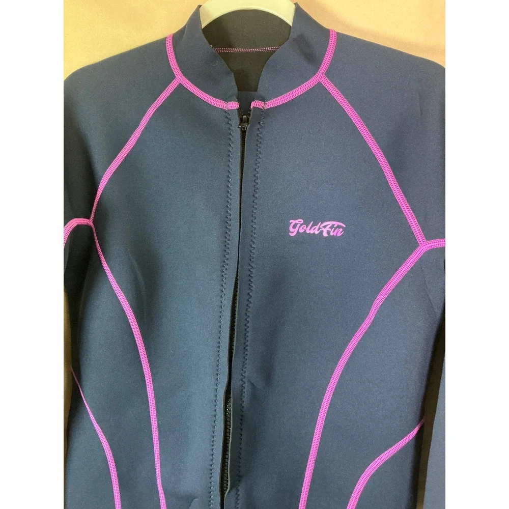 GoldFin Wetsuit Top Womens 2mm Navy Pink Excellent Zip Front Long Sleeve Jacket